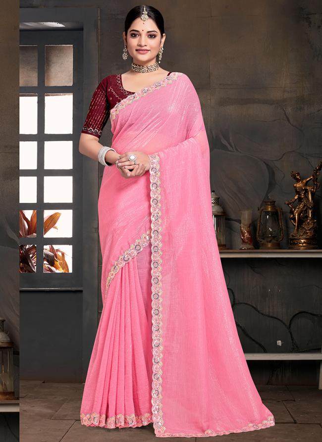 Currency Silk Pink Wedding Wear Embroidery Work Saree